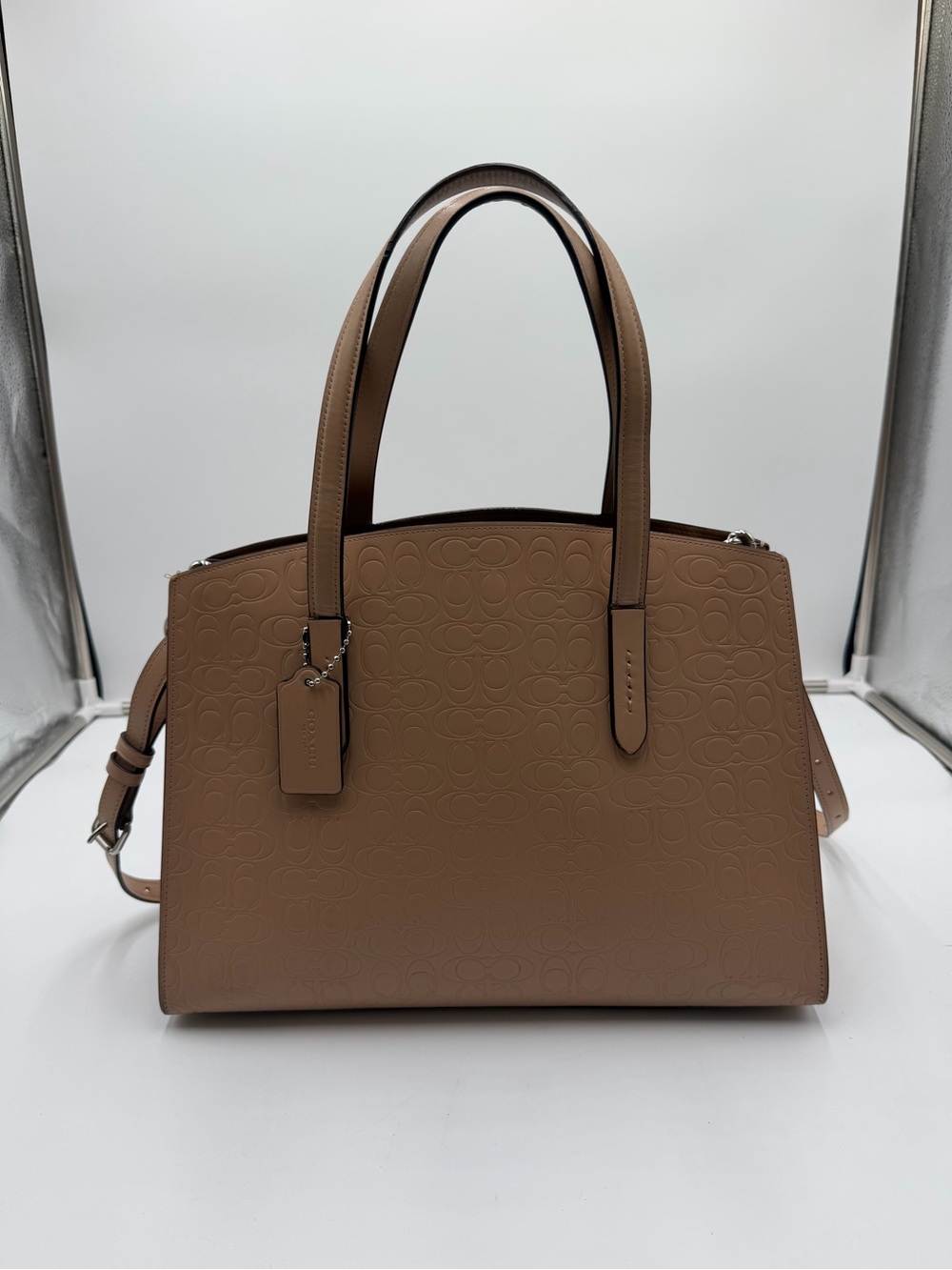 Coach 31728 Signature Embossed Leather Satchel Shoulder Bag Tan Camel